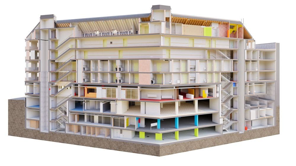 Ein detailliertes architektonisches 3D-Modell zeigt einen Querschnitt eines mehrstöckigen Gebäudes mit sichtbarer Treppenstruktur und Innenräumen.