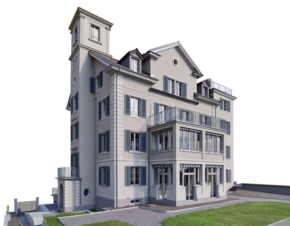 3D-Architekturvisualisierung eines hellgrauen mehrstöckigen Wohnhauses mit Erker, Balkonen, vielen Fenstern und Turm, freigestellt auf weißem Hintergrund, mit Grünfläche und Gehweg im Vordergrund.