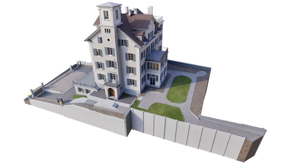 3D-Rendering eines mehrstöckigen historischen Gebäudes mit Innenhof, Grünfläche und umlaufender Mauer, perspektivische Ansicht auf weißem Hintergrund.