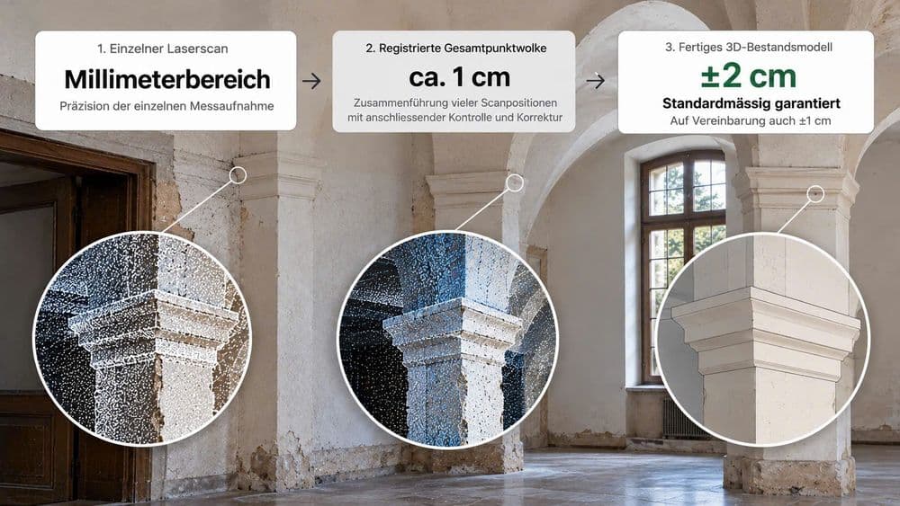 Infografik zum 3D-Laserscanning: historische Säule in einem Raum, Vergleich von Einzelscan im Millimeterbereich, registrierter Punktwolke ca. 1 cm und fertigem 3D-Bestandsmodell mit ±2 cm Genauigkeit.