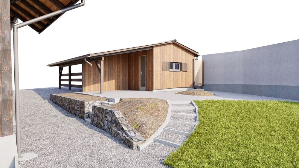 3D-Visualisierung eines modernen Holzhauses mit Pultdach, Steintreppe und Stützmauer, Kiesweg und Grünfläche im Hof, helle Außenwände und klare Architekturansicht.