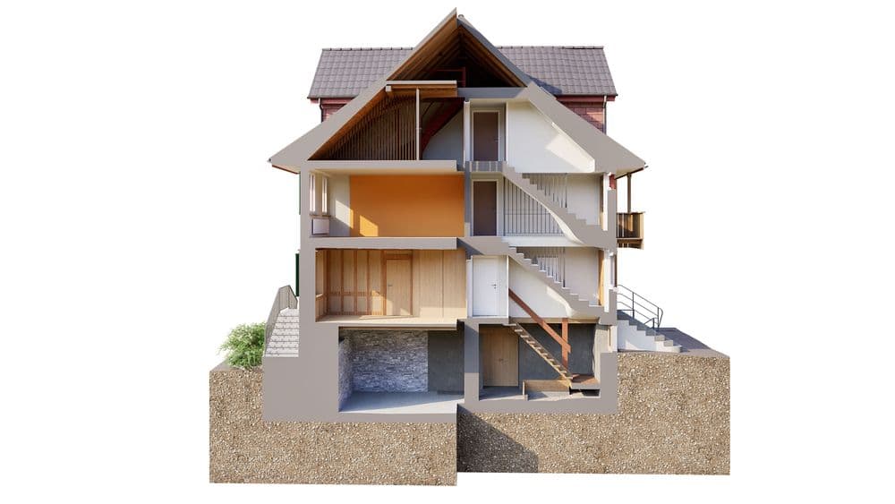 Schnittdarstellung eines Fachwerk-Holzbaus im 3D-Modell