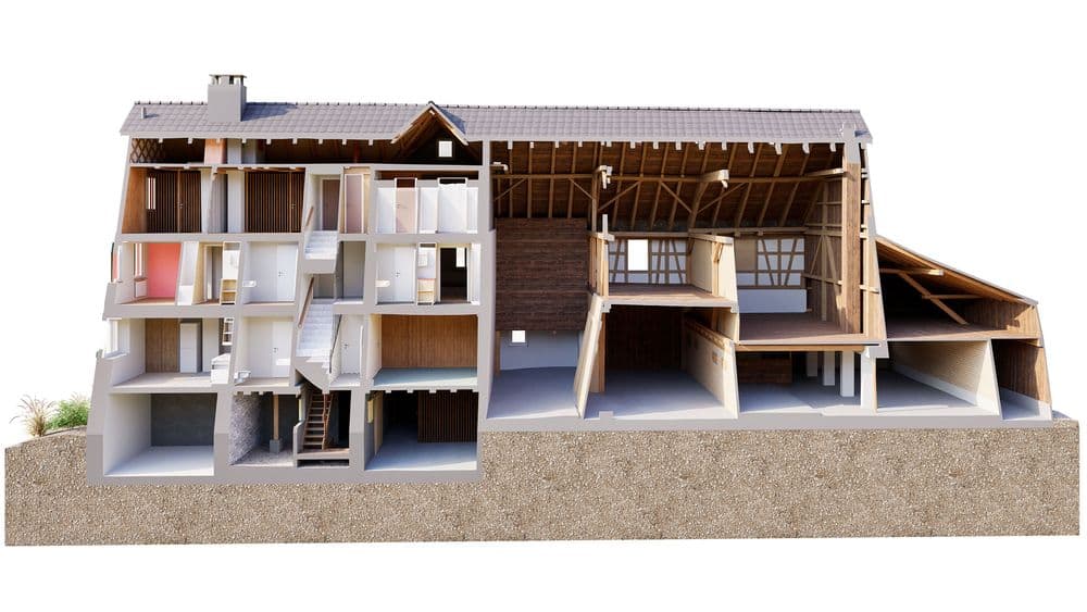 Verformte Struktur in einem Holzbau sichtbar im 3D-Modell