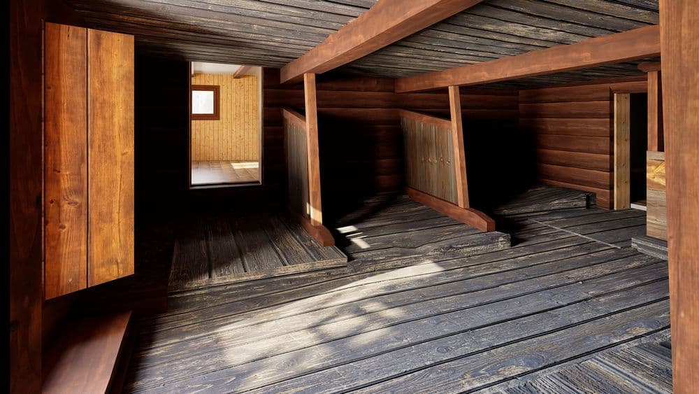 Blick in eine rustikale Holzscheune mit offenen Stalltüren, Balkenkonstruktion und Sonnenlicht auf dem Holzboden; leerer Innenraum mit Fenstern und Abteilen.