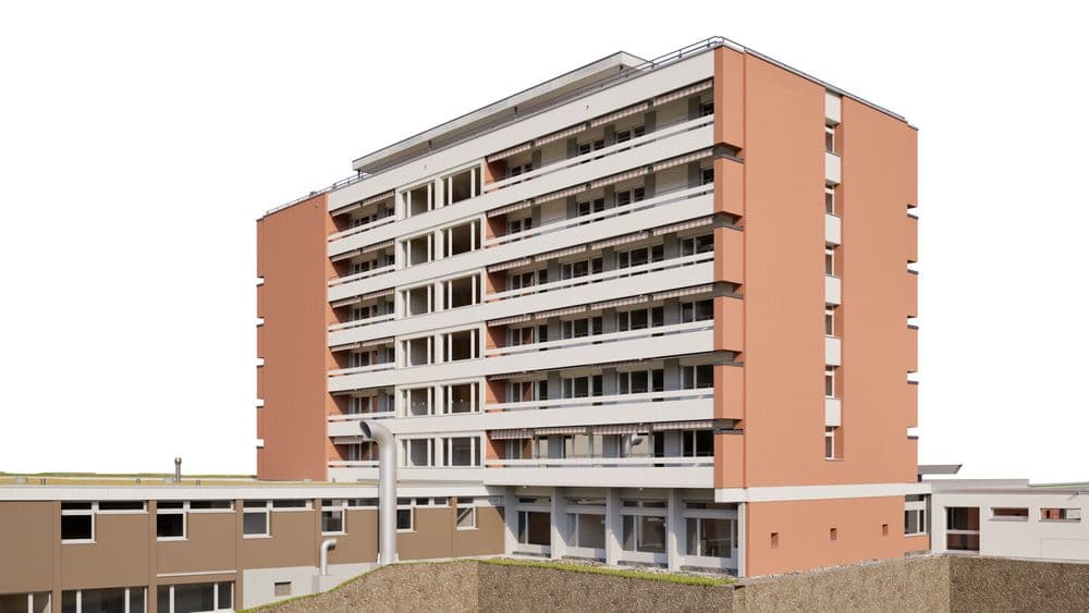 Mehrstöckiges Wohnhochhaus mit Balkonen und orange-weißer Fassade, moderne Wohnanlage mit Nebengebäude im Vordergrund vor hellem Hintergrund.