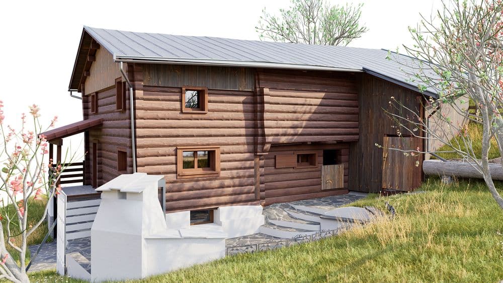 3D-Visualisierung eines rustikalen Holzchalets mit grauem Metalldach, kleinen Fenstern und Steinweg im Garten; ländliches Haus mit Wiese und Bäumen im Hintergrund.