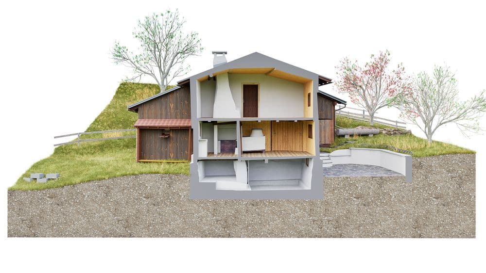 Architektur-Querschnitt eines modernen Holzhauses am Hang mit Satteldach, Innenräumen und Keller im Schnitt, umgeben von Bäumen und Grünfläche; Visualisierung des Gebäudekörpers und Geländes.
