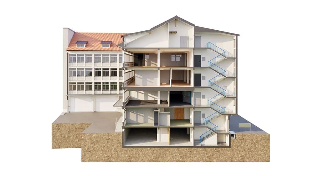 Querschnitt eines vierstöckigen Gebäudes mit Treppenhaus und Innenraumansicht.