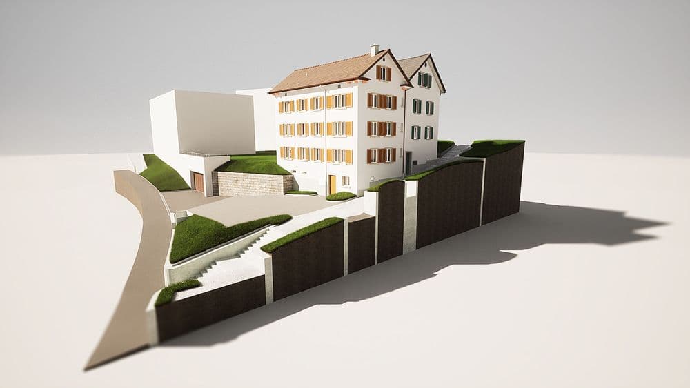3D-Modell eines modernen Wohnhauses mit Garten und Stützmauern.