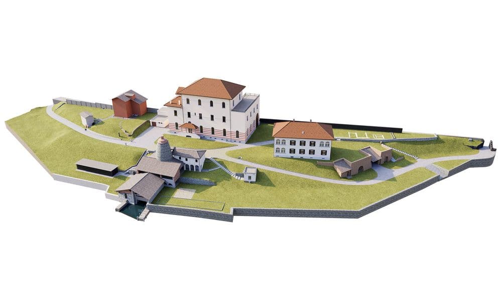 Ein detailliertes 3D-Modell einer historischen Festung mit mehreren Gebäuden und umgebenden Rasenflächen.