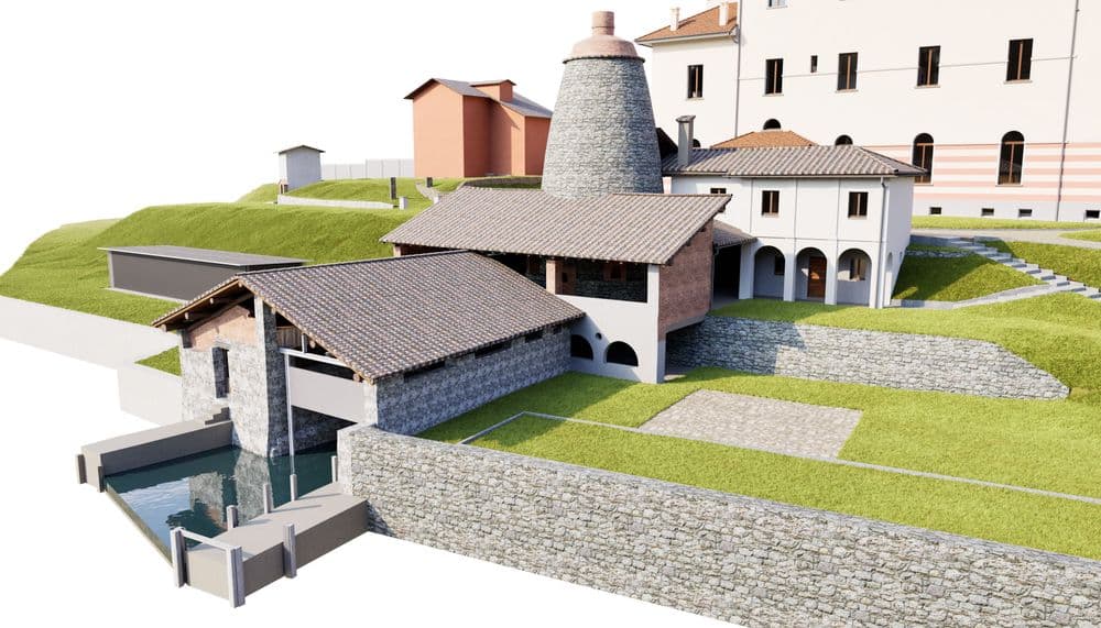 Ein historisches Gebäude mit Ziegelstein-Dach und Rundturm auf grasbewachsenem Hügel, umgeben von Steinmauern.