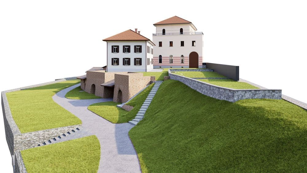 Eine 3D-Darstellung einer zweistöckigen römischen Villa auf einem Hügel mit gepflastertem Weg und grüner Landschaft.