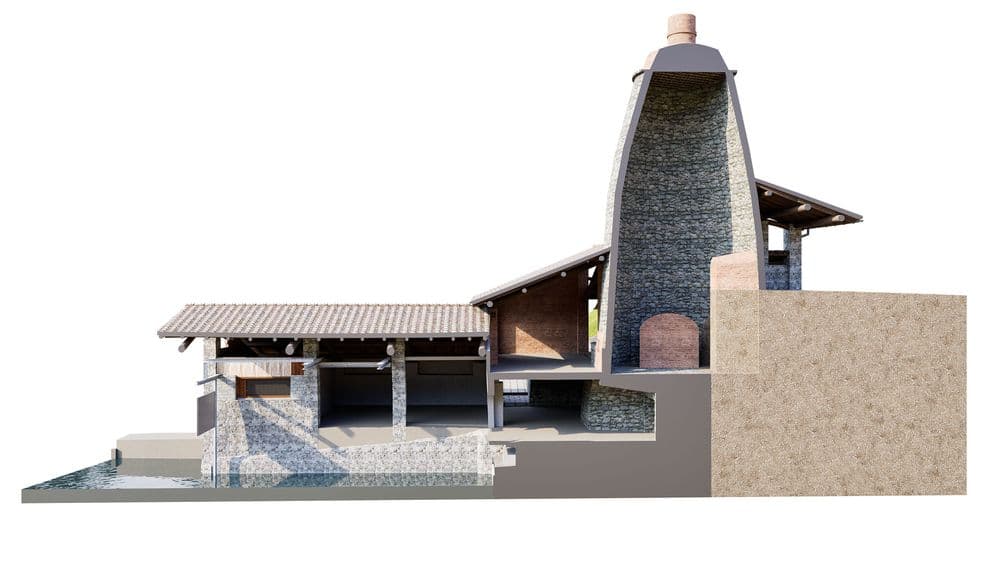 Ein modernes Gebäude mit Stein- und Glaselementen, offener Struktur und Rampen, kombiniert traditionelle und zeitgenössische Architektur.