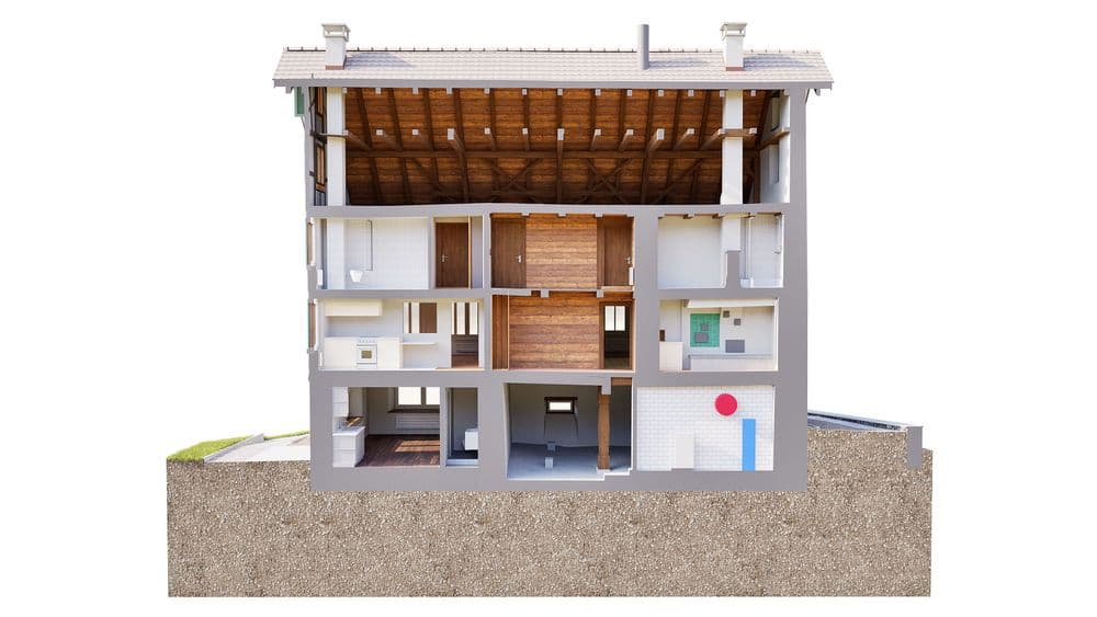 3D-Schnittmodell eines Hauses: Querschnitt durch mehrere Stockwerke mit Dachstuhl, Treppenhaus, Zimmern und Technikraum auf weißem Hintergrund, zeigt Innenaufteilung und Konstruktion.