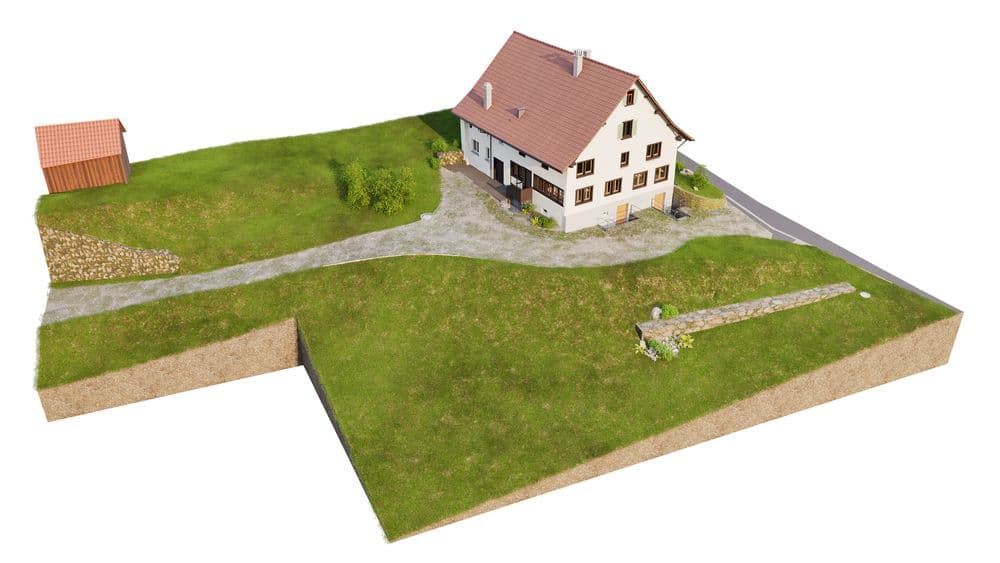 3D-Modell eines Hauses mit Satteldach und Garage auf einer grasbewachsenen Landschaftsplattform.