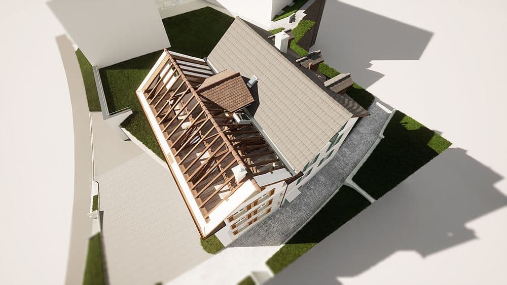 3D-Modell eines modernen Hauses mit Garten aus der Vogelperspektive.