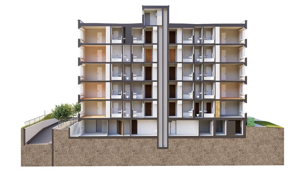 3D-Schnittansicht eines mehrstöckigen Wohngebäudes mit Wohnungen, Treppenhaus und Kellergeschoss im Erdprofil, Architektur-Visualisierung auf weißem Hintergrund.