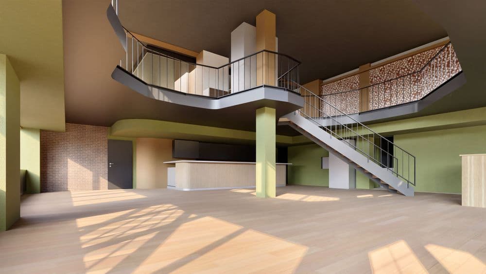 Helles modernes Innenraum-Rendering mit offener Galerie, geschwungener Treppe, grünen Stützen und großem Fensterlicht – loftartiger Raum in warmen Naturtönen.
