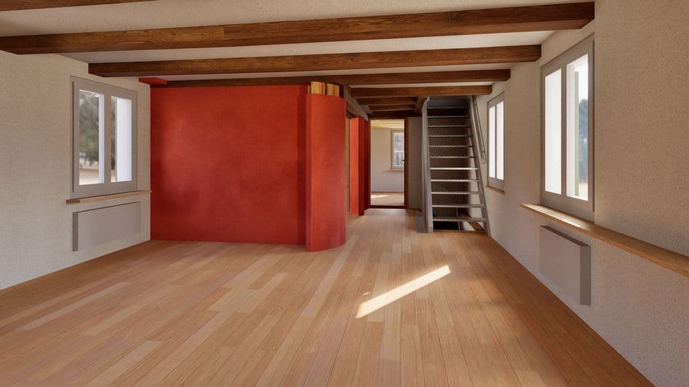 Helles, leeres Loft-Interieur mit Holzboden, sichtbaren Deckenbalken, roten Raumtrennwänden, Fenstern beidseitig und Treppe nach oben; moderne Innenraum-Visualisierung.