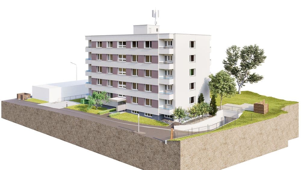 3D-Visualisierung eines mehrstöckigen Wohngebäudes mit Balkonfassade, Grünflächen, Bäumen, Gehwegen und Zaun auf Grundstücksschnitt – moderne Wohnanlage als Architektur-Rendering.