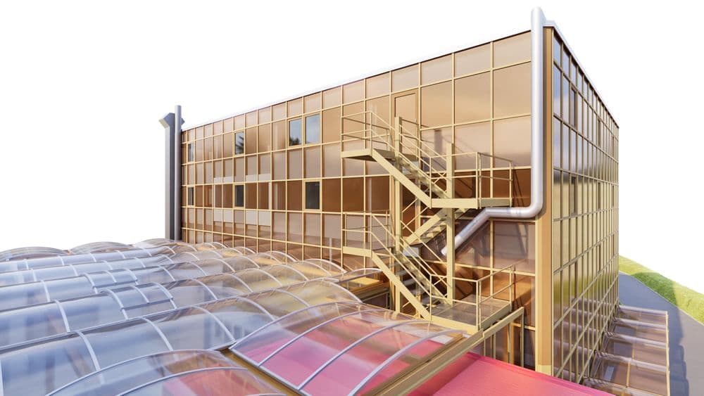 Modernes Bürogebäude mit goldener Glasfassade, Außentreppe und Metallrohren; davor ein transparentes, gewölbtes Dach über einem Übergang oder Atrium in Sonnenlicht.