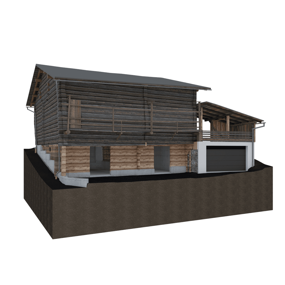 Blockhaus-Architektur auf Erdhügel mit Garage, ohne Fenster oder Türen sichtbar. Rustikales Design.