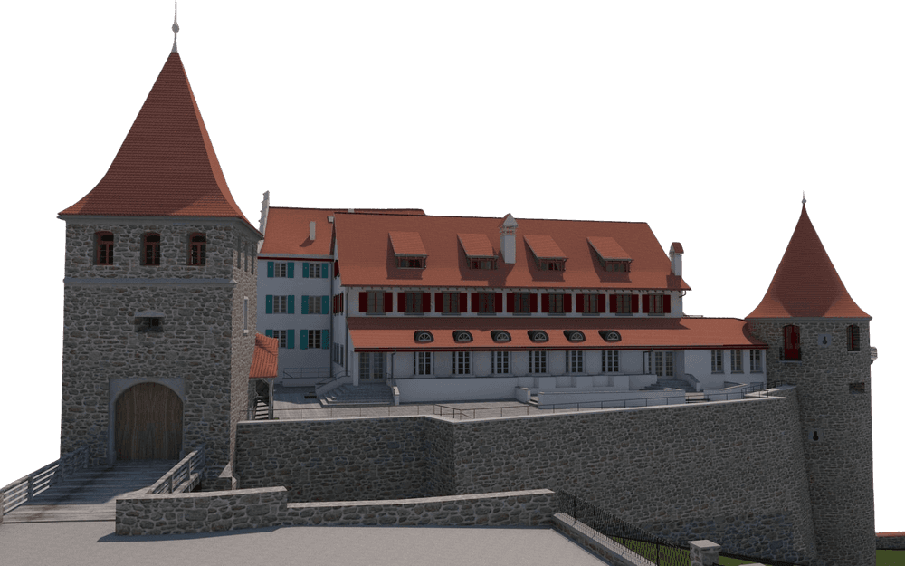 Das Bild zeigt eine historische Burg mit zwei markanten Türmen, roten Dächern und steinernen Mauern.