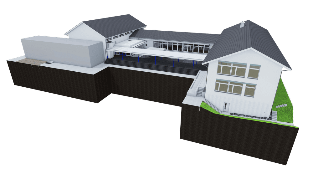 3D-Rendering eines modernen Schul- oder Verwaltungsgebäudes mit mehreren Flügeln, Innenhof und Pultdach, auf Geländeschnitt mit Stützmauern und Grünfläche, Ansicht in Perspektive.