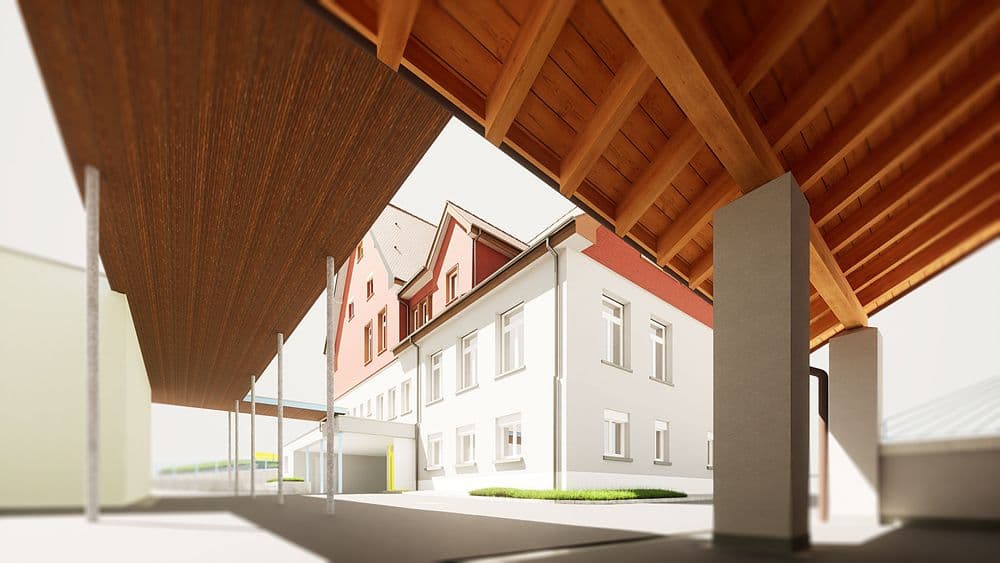 Moderner Holzbau, Überdachung mit Sicht auf städtisches Wohngebäude.