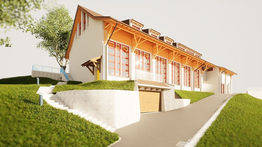 Moderne Architektur eines Einfamilienhauses mit Holzelementen und großen Fensterfronten an einem sonnigen Tag.