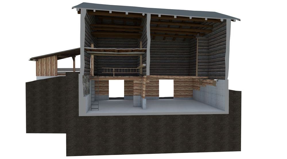 3D-Schnittansicht eines Holzhauses mit Satteldach: Innenraum, Balken, Zwischenboden und Betonsockel sichtbar; links überdachte Terrasse/Anbau, Darstellung als Architektur-Visualisierung.