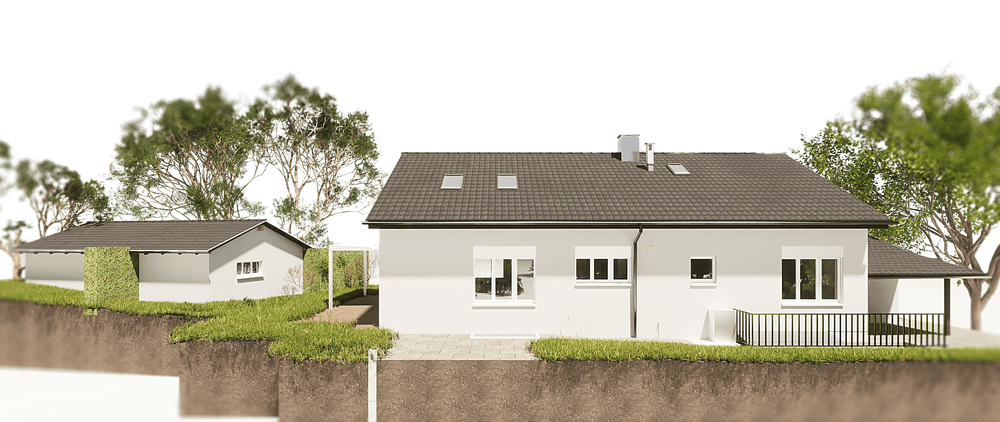 Modernes Einfamilienhaus mit Garten, umgeben von Bäumen.