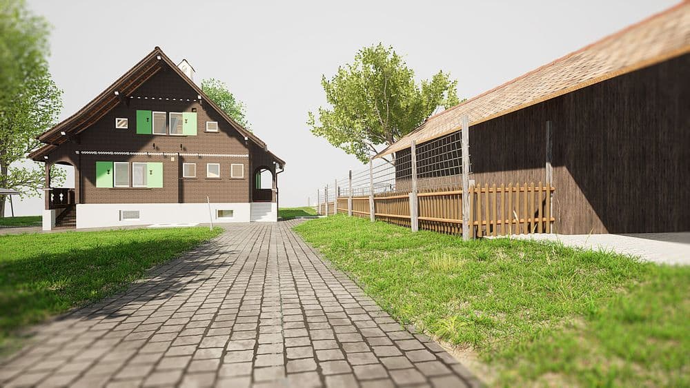 Ländliches Haus mit Gehweg und Zaun.