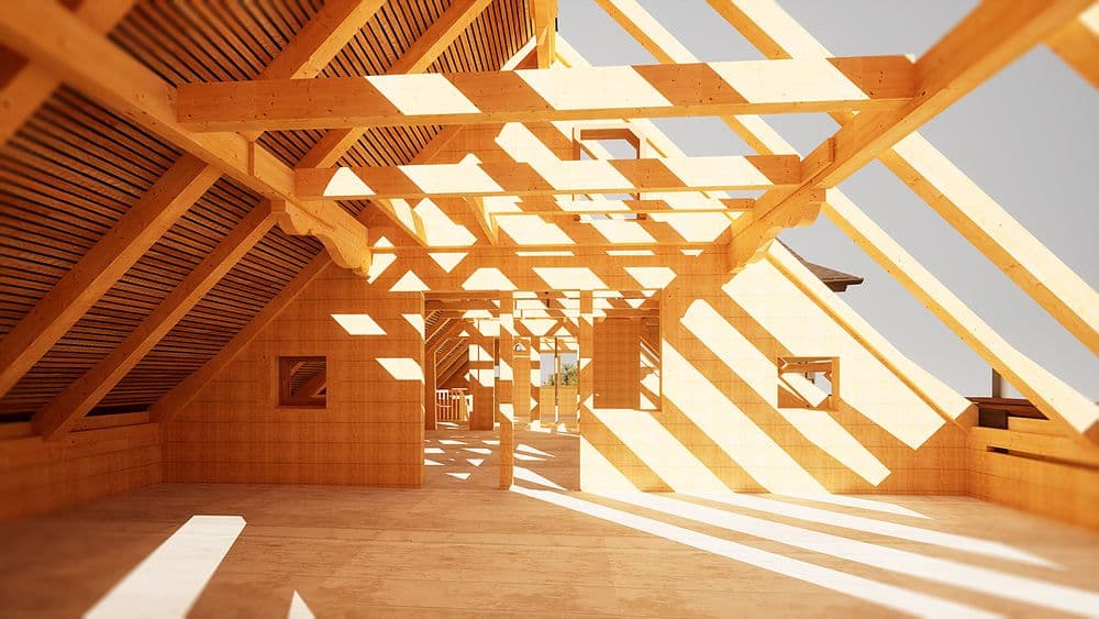Modernes Holzbauwerk mit komplexem Trägermuster und Schattenspiel.