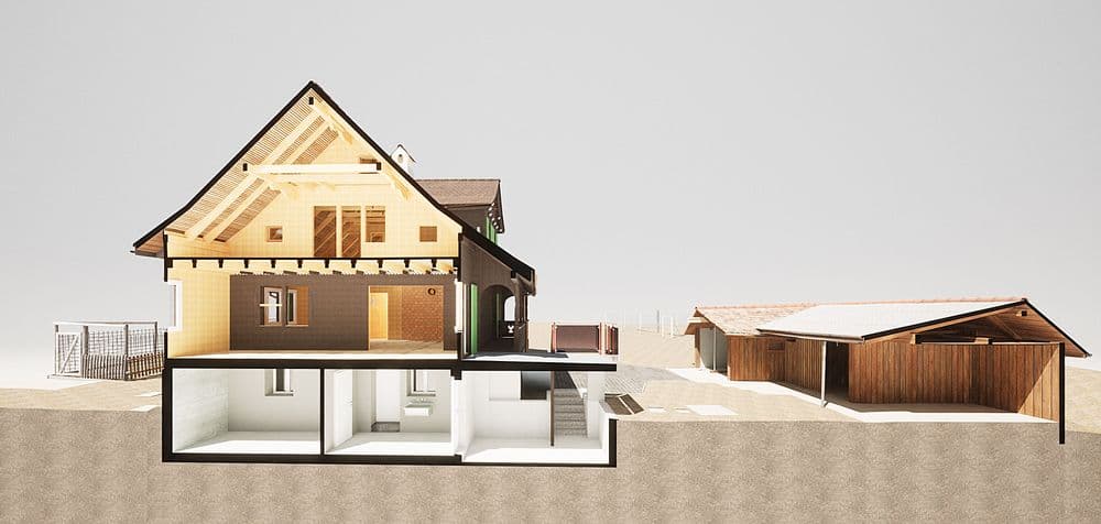 3D-Schnittansicht eines Einfamilienhauses mit freigelegten Innenräumen und nebenstehender Garage.