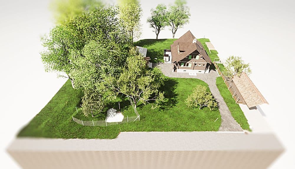 3D-Modell eines ländlichen Hauses mit Garten und Bäumen.