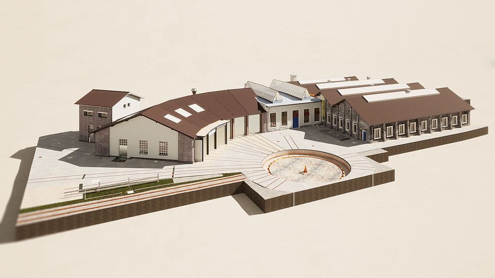 Modell eines historischen Gebäudekomplexes mit Innenhof und Springbrunnen.
