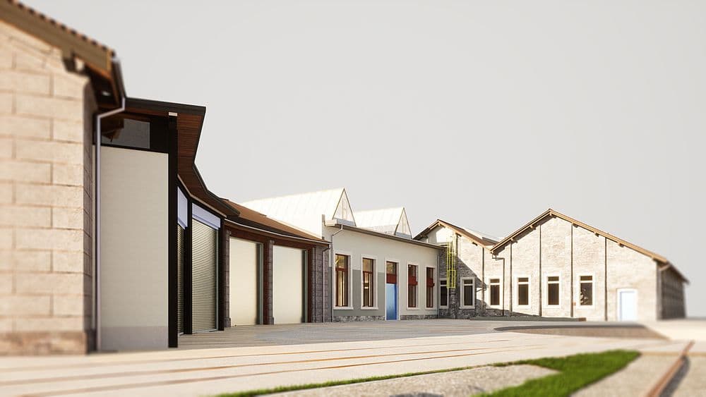Zeitgenössisches Gebäudeensemble mit Flachdächern und Glasfronten, realistische 3D-Renderings.