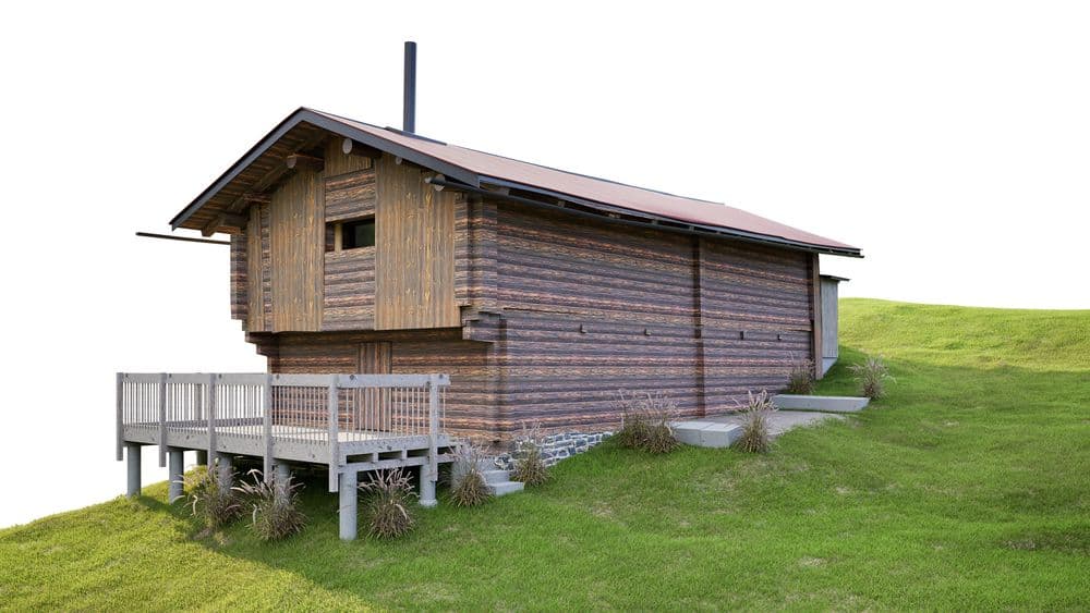 Blockhaus auf grünem Hügel, Holzdesign mit Veranda.