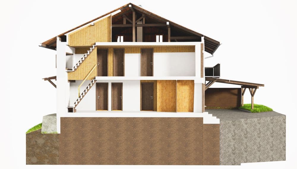 Querschnitt eines modernen Holzhauses mit drei Etagen, sichtbarer Treppe und Carport.