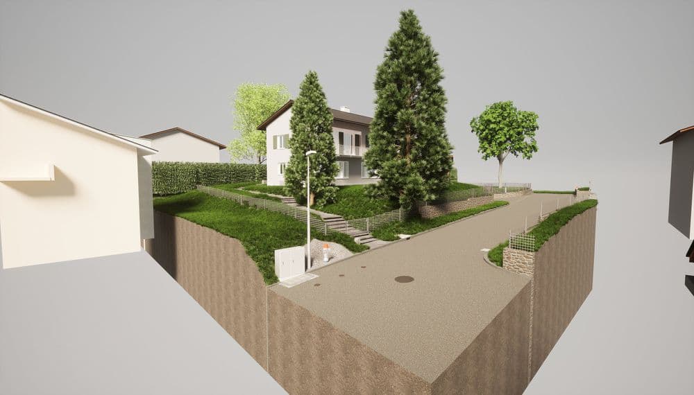 3D-Visualisierung eines modernen Einfamilienhauses mit Garten und Zufahrt.