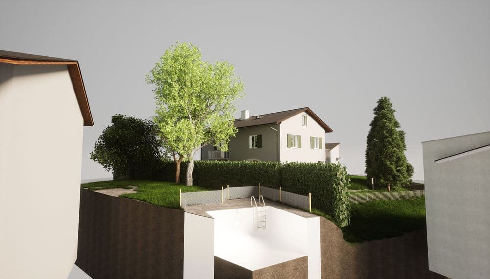 Moderne 3D-Visualisierung eines Einfamilienhauses mit Garten und Pool.