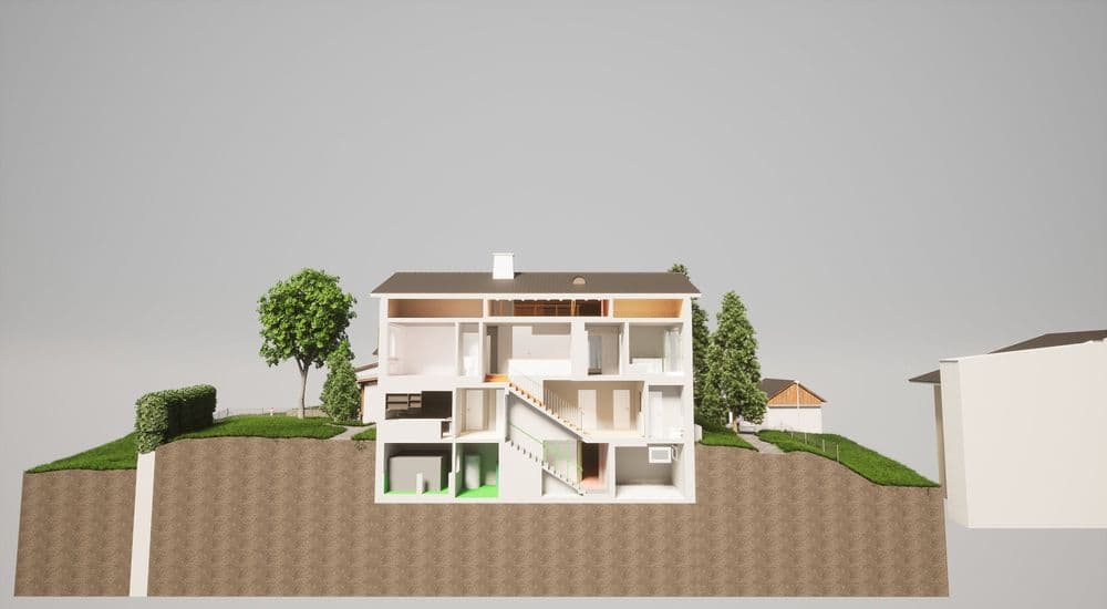 3D-Modell eines modernen Mehrfamilienhauses auf einer Anhöhe mit Bäumen.