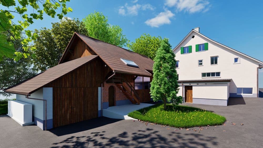 3D-Rendering eines modernen Einfamilienhauses mit Garage und grünem Garten.