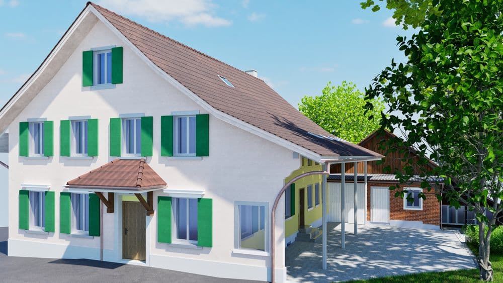 3D-Rendering eines weißen Einfamilienhauses mit grünen Fensterläden und Carport unter blauem Himmel.