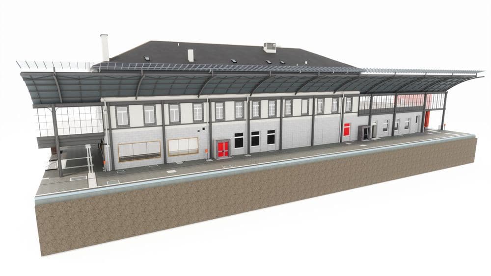 3D-Rendering eines modernen Bahnhofsgebäudes mit überdachtem Bahnsteig.