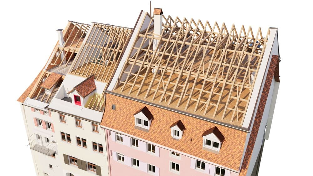 3D-Modell eines Gebäudes im Schnitt mit sichtbarem Dachstuhl.