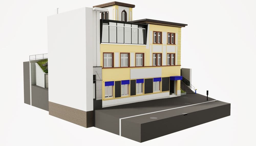 Ein dreistöckiges, modernes Gebäude mit großen Fenstern und blauen Markisen an der Vorderseite.