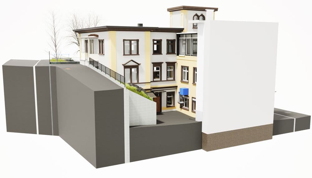 3D-Rendering eines modernen Stadthauses mit gelber Fassade und weißen Elementen, umgeben von Wänden.