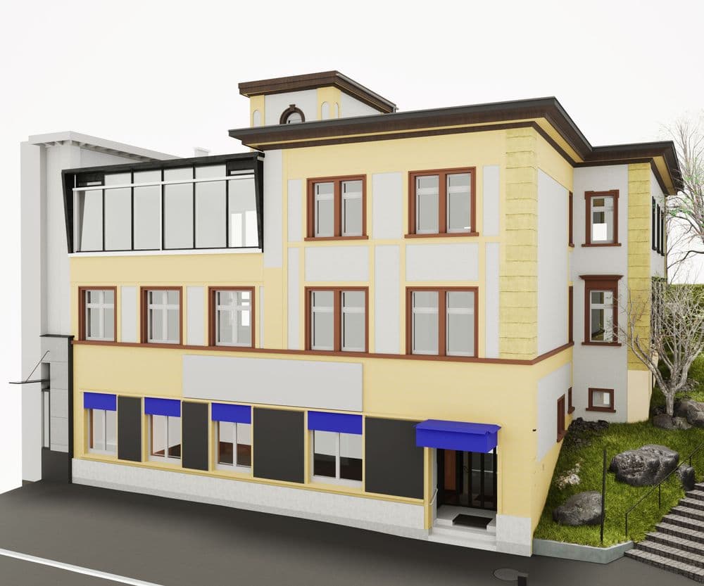 Ein modernes, mehrstöckiges Gebäude mit gelber Fassade und blauen Markisen, umgeben von einem kleinen Garten und gepflastertem Weg.
